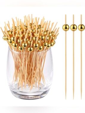Amazon 200 Mini Gold Ball Food Sticks 4.7 Inch, Natural Wooden Decorative Skewer